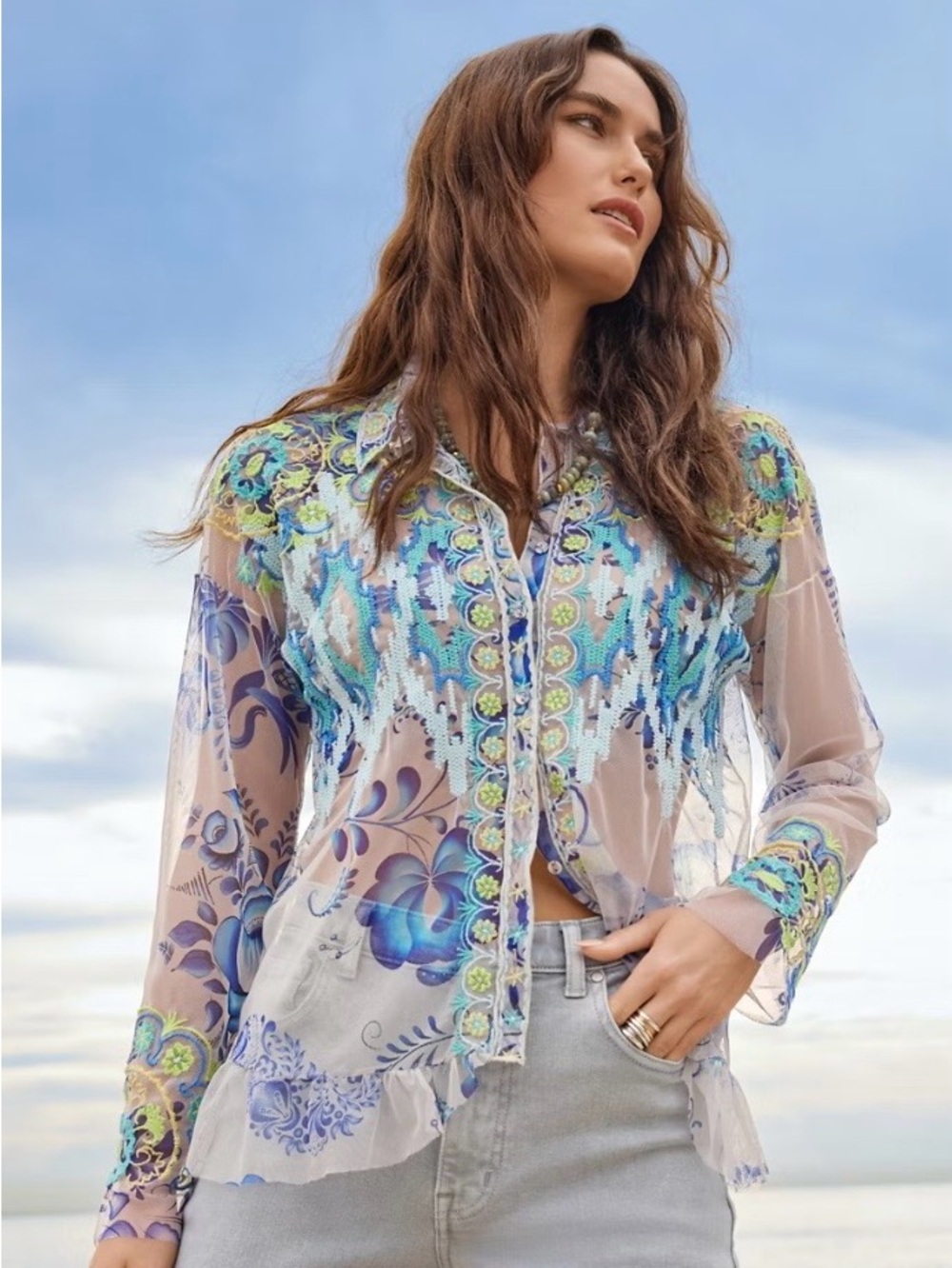 Johnny Was Sheer Embroidered Mazzy Button-down Blouse in White, Blue and Green
